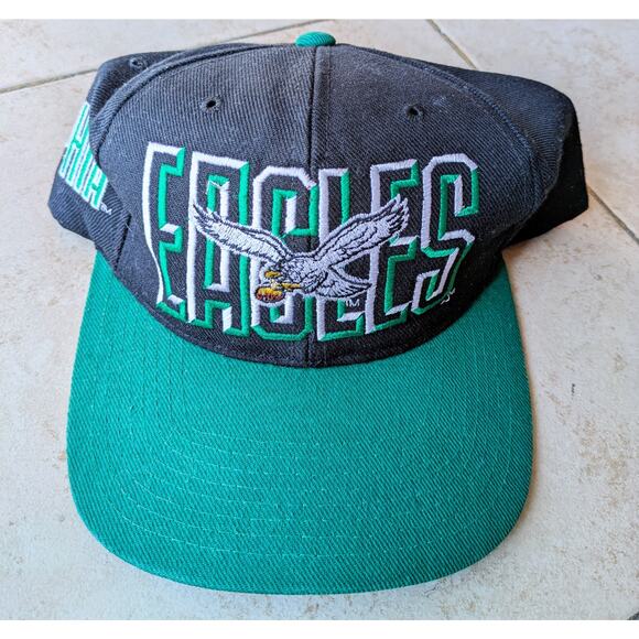 Philadelphia Eagles 90s AJD snapback Spell Blockhead wool blk kelly hat NFL vtg - Picture 1 of 6